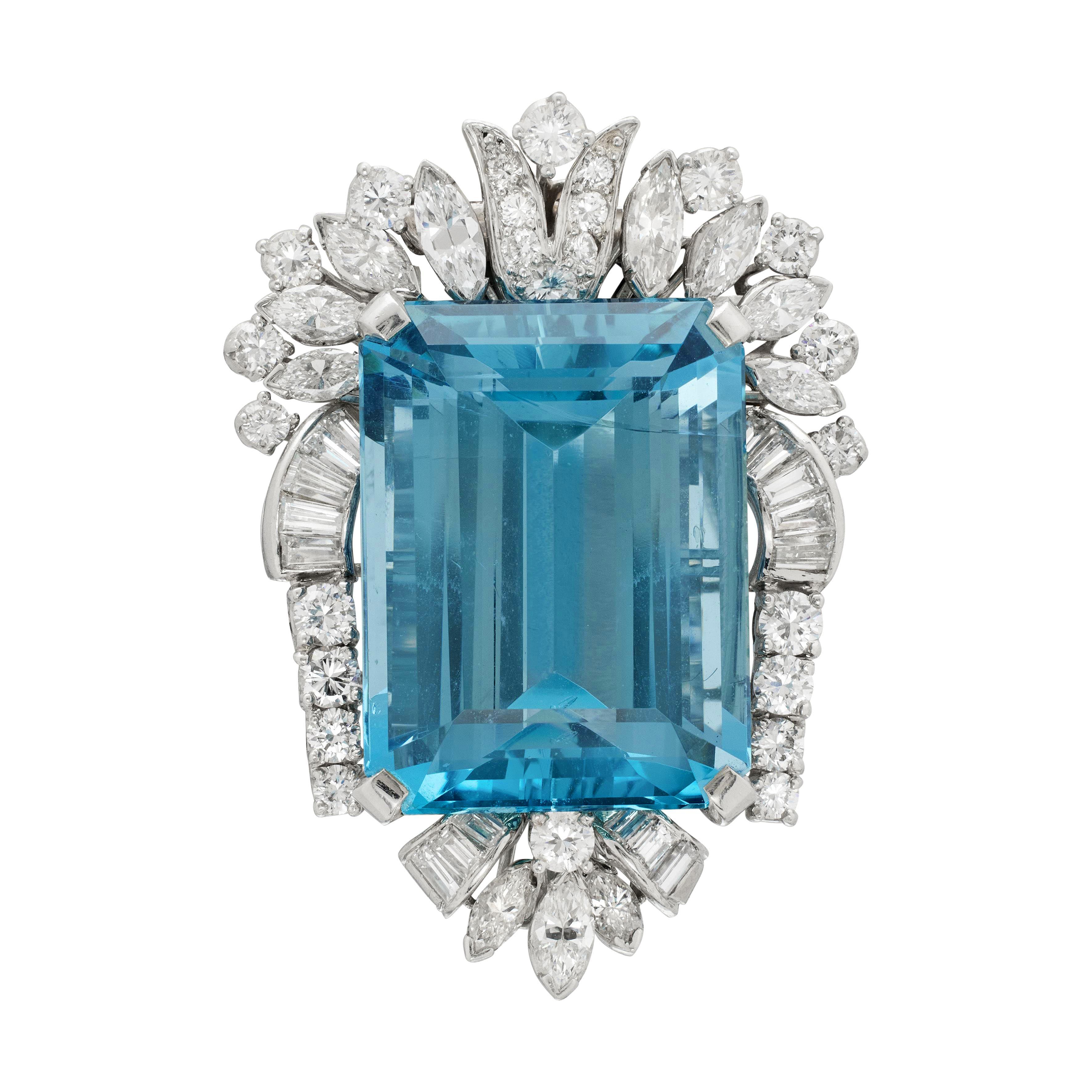 Vintage Platinum, 27.00ct Aquamarine and Diamond Brooch