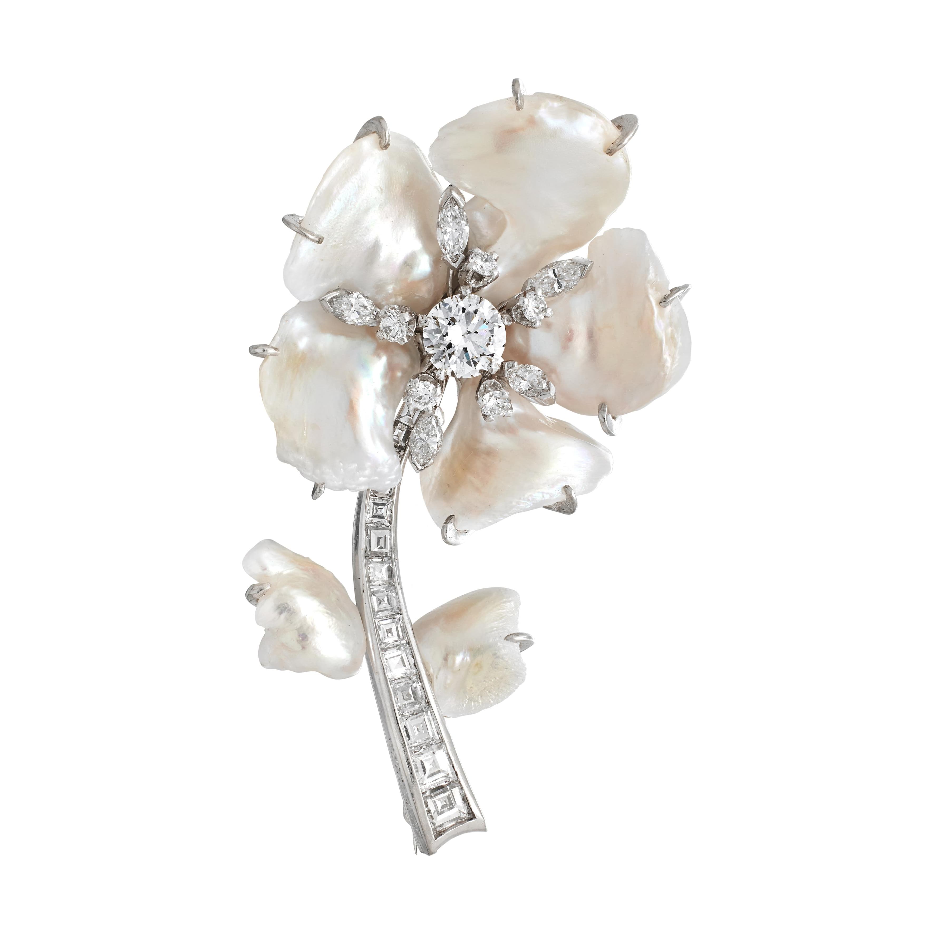 Vintage Platinum, Cultured Pearl and Diamond Floral Brooch