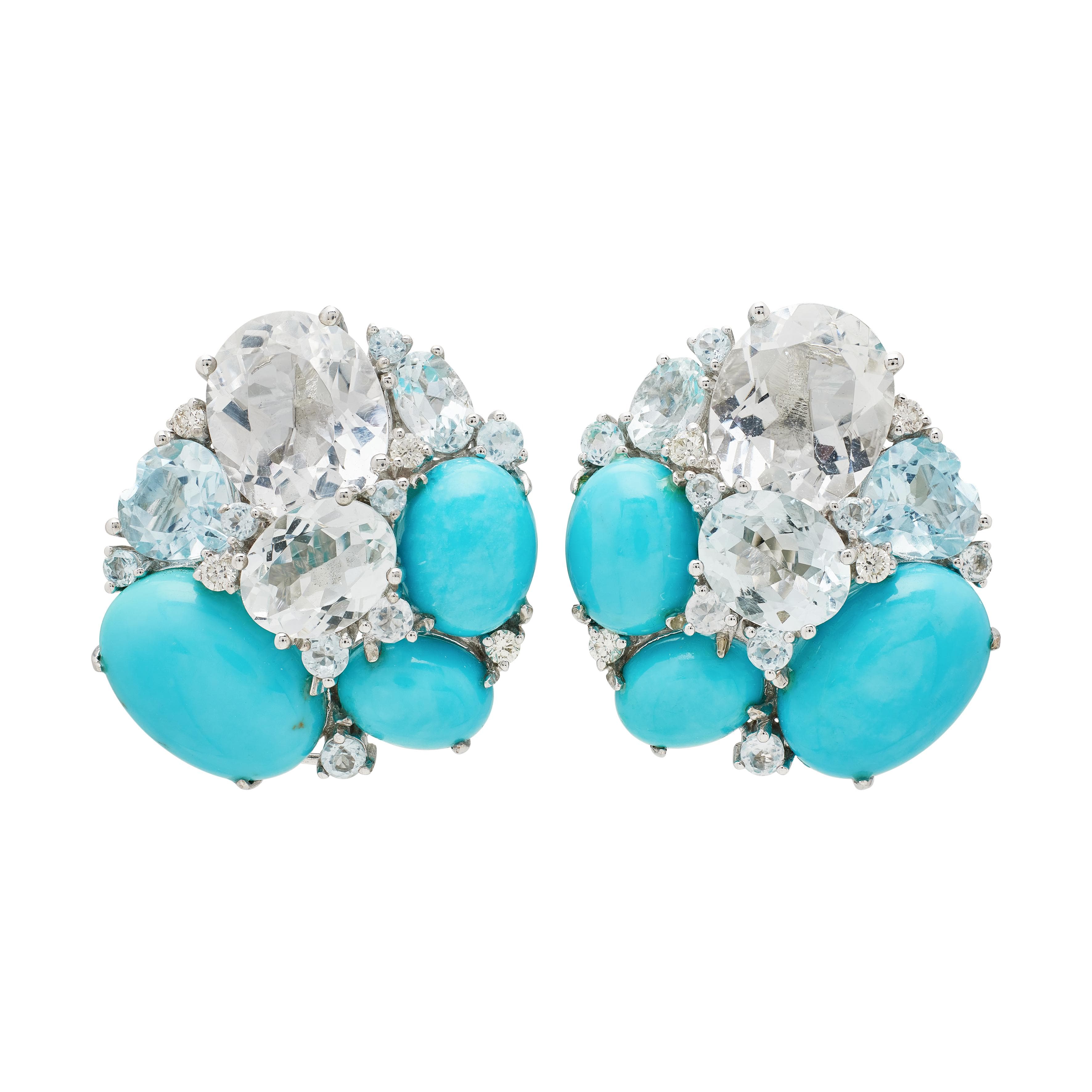 White Gold, Turquoise, Aquamarine, Topaz, and Diamond Earclips