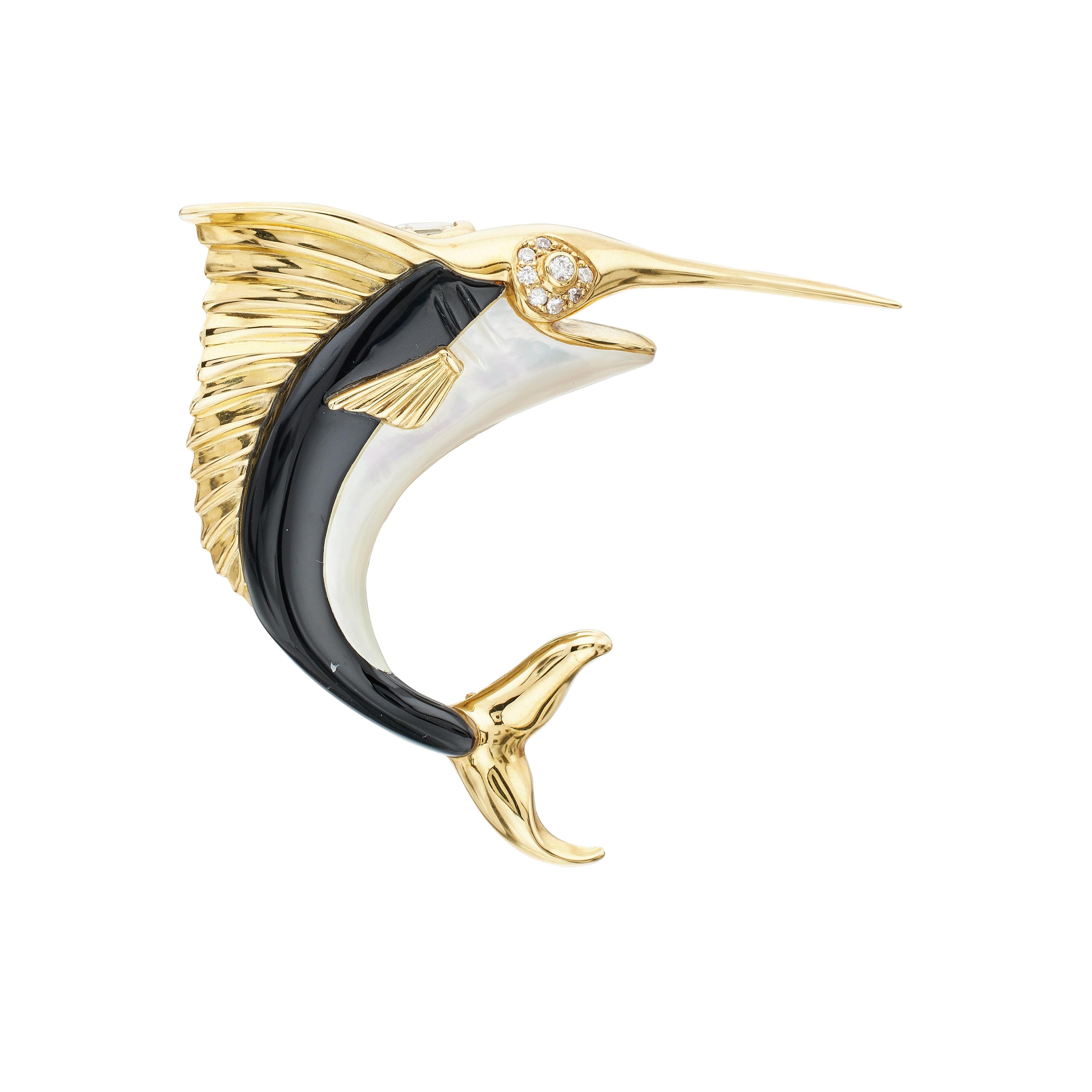 Gold, Mother of Pearl, Onyx and Diamond Swordfish Brooch