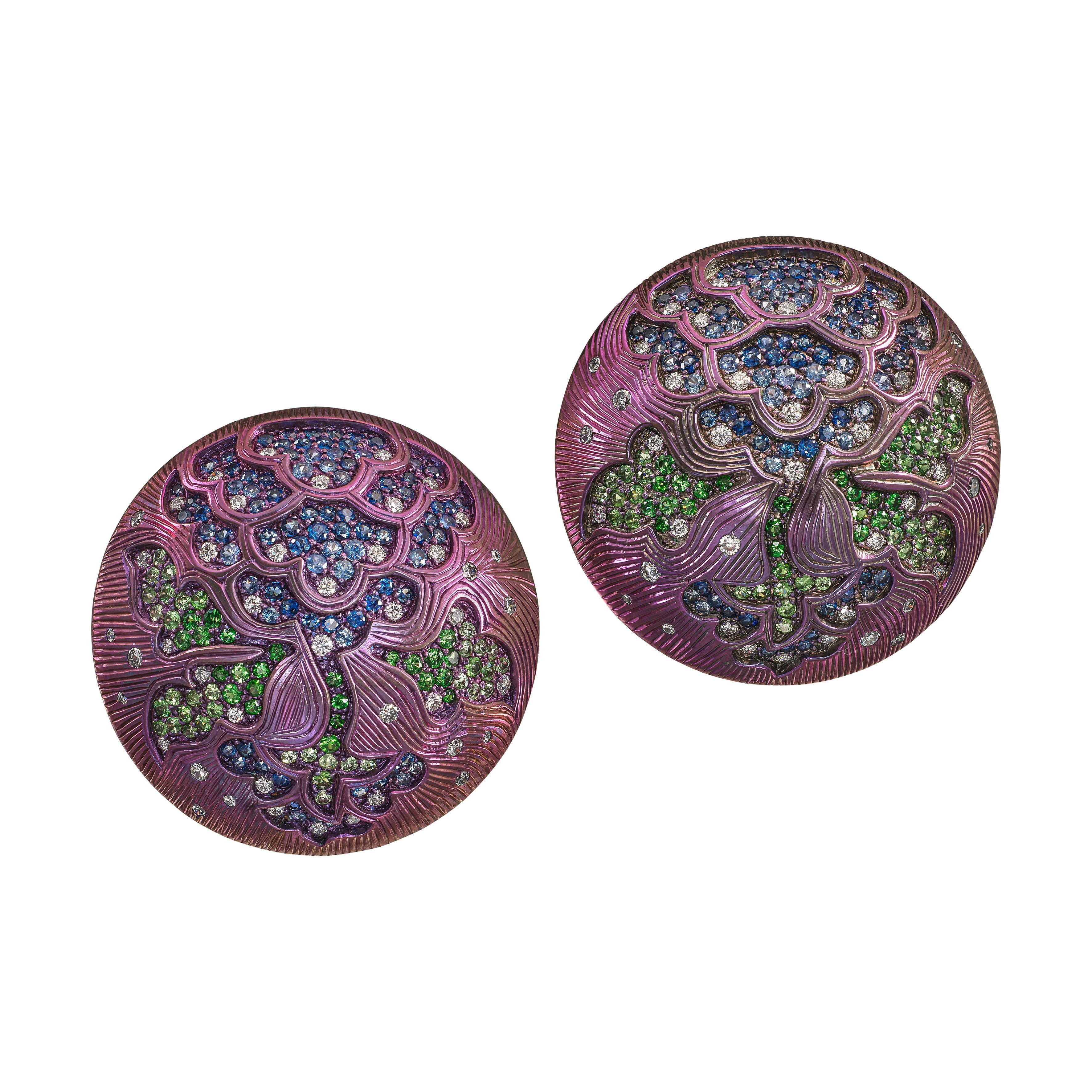 Titanium, Gold, Tsavorite Garnet, Sapphire and Diamond Stud Earrings