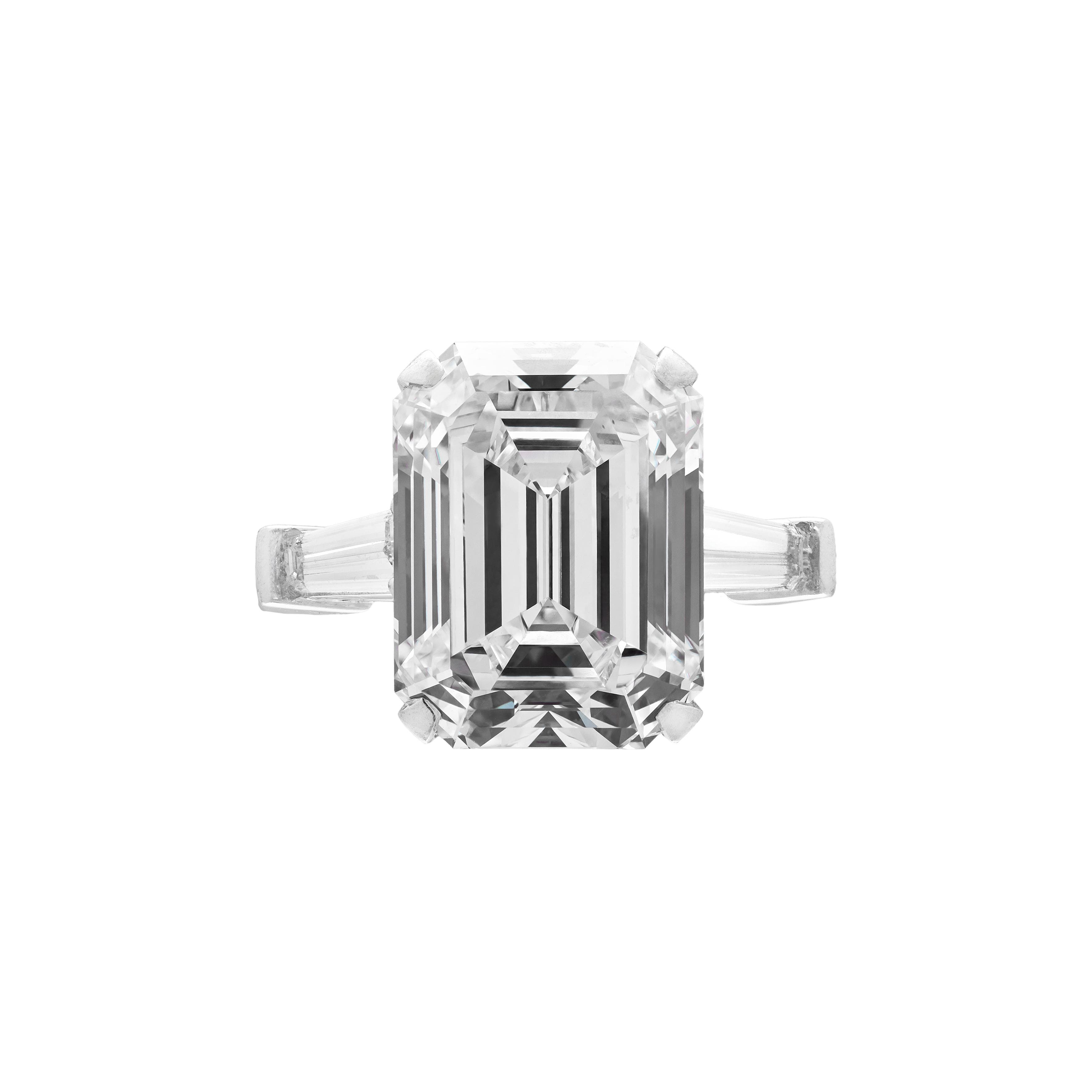 Platinum, 8.50ct Emerald Cut Diamond and Diamond Engagement Ring