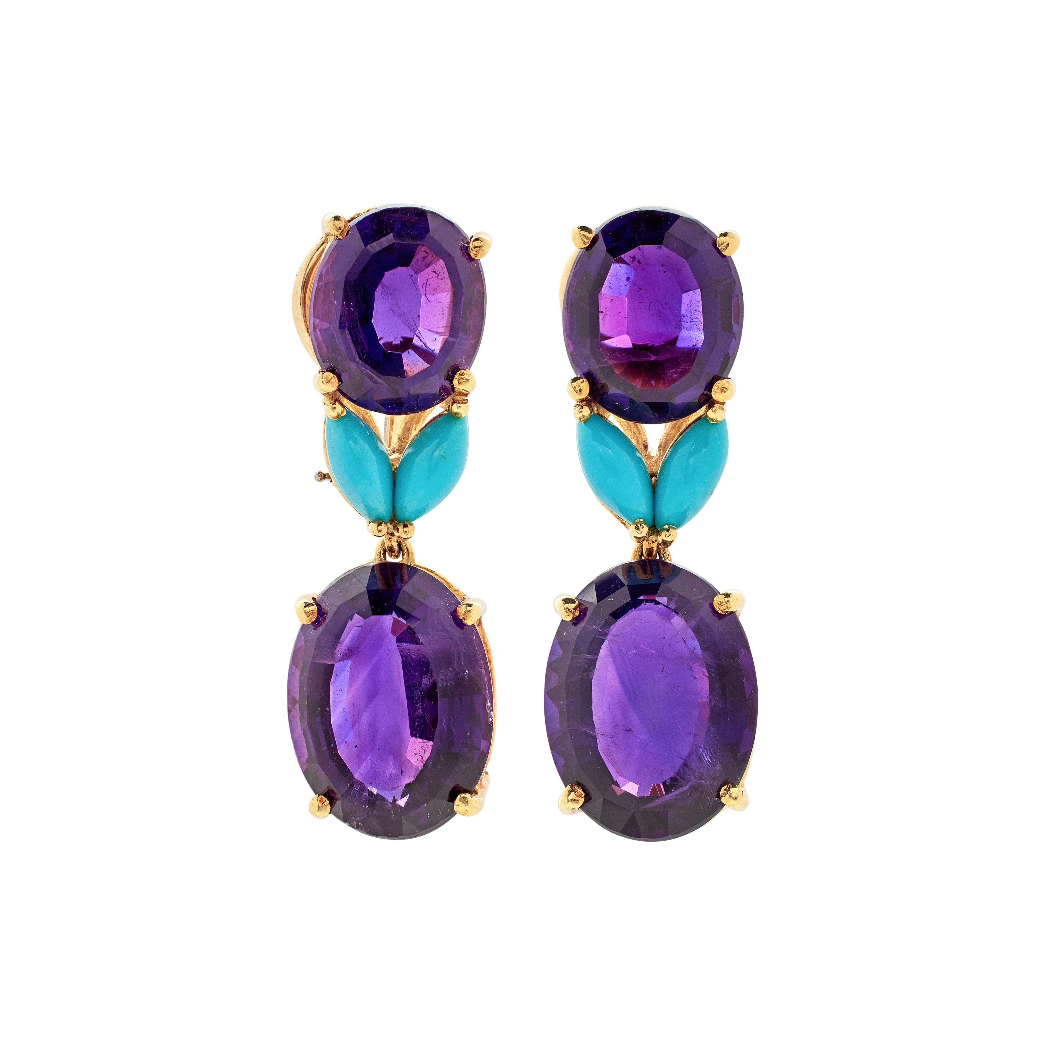 Gold, Amethyst and Turquoise Drop Earclips