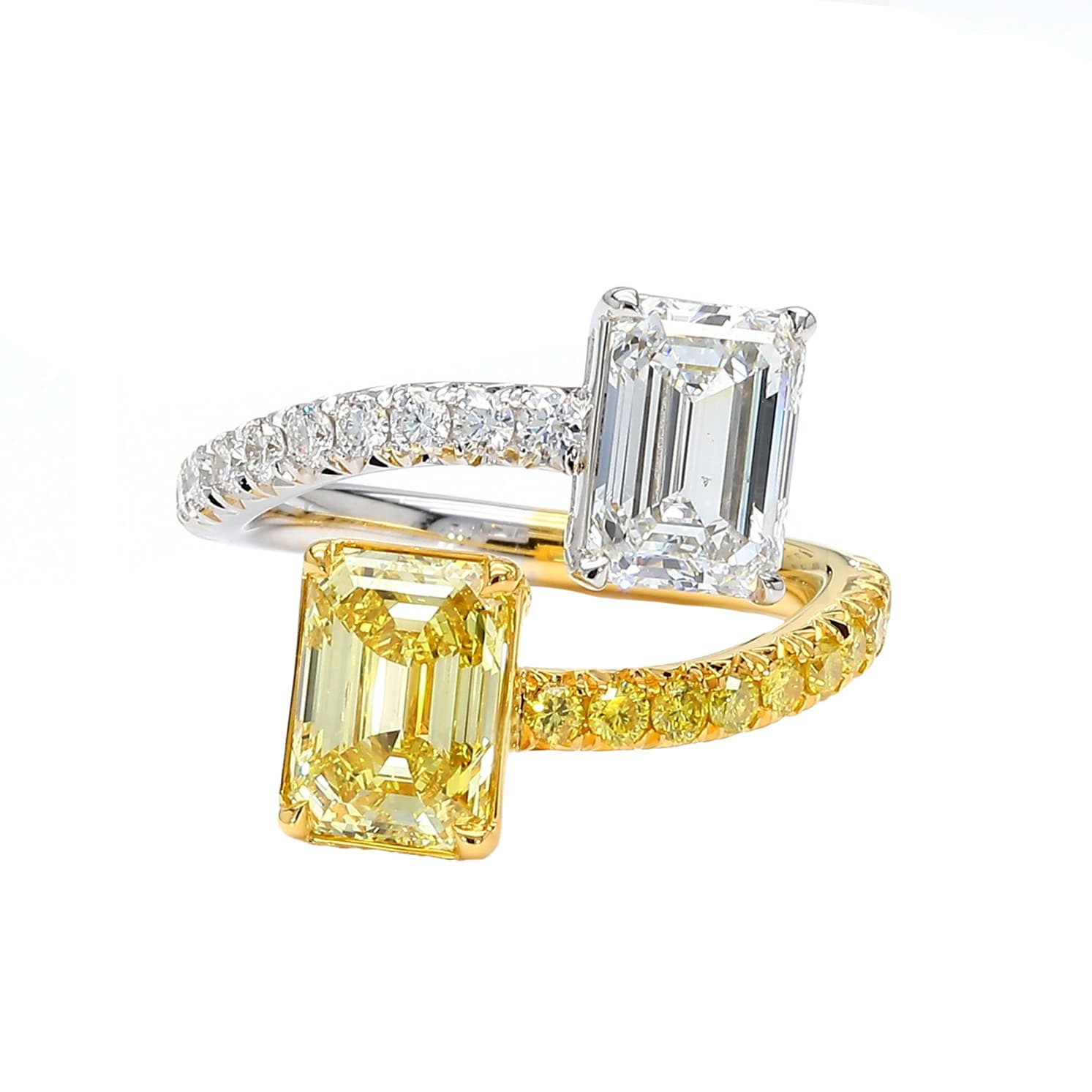 Gold, White Gold, 3.87ctw Emerald Cut Fancy Intense Yellow Diamond and Diamond Ring