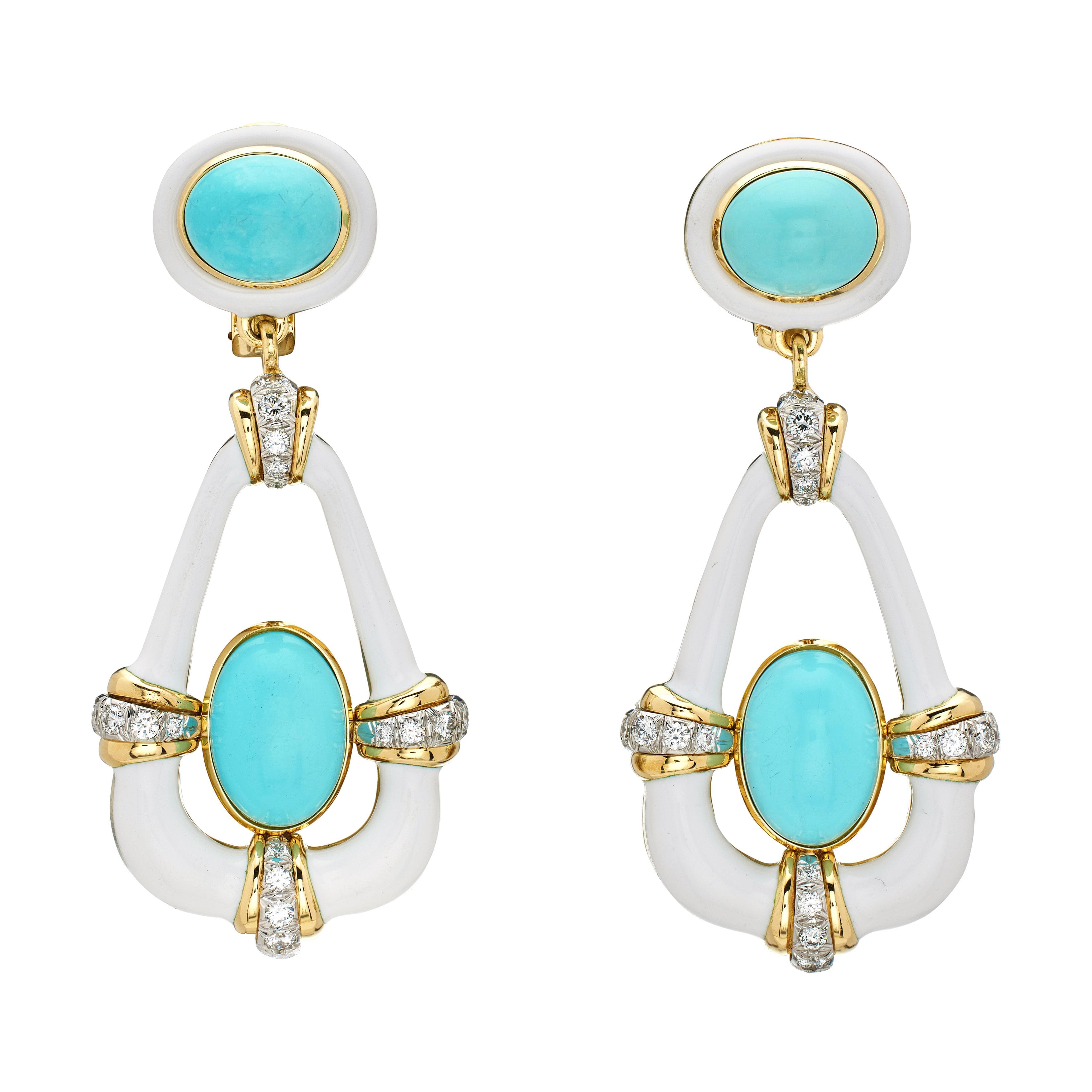 Gold, Platinum, Turquoise, Diamond and Enamel Long Swing Drop Earclips