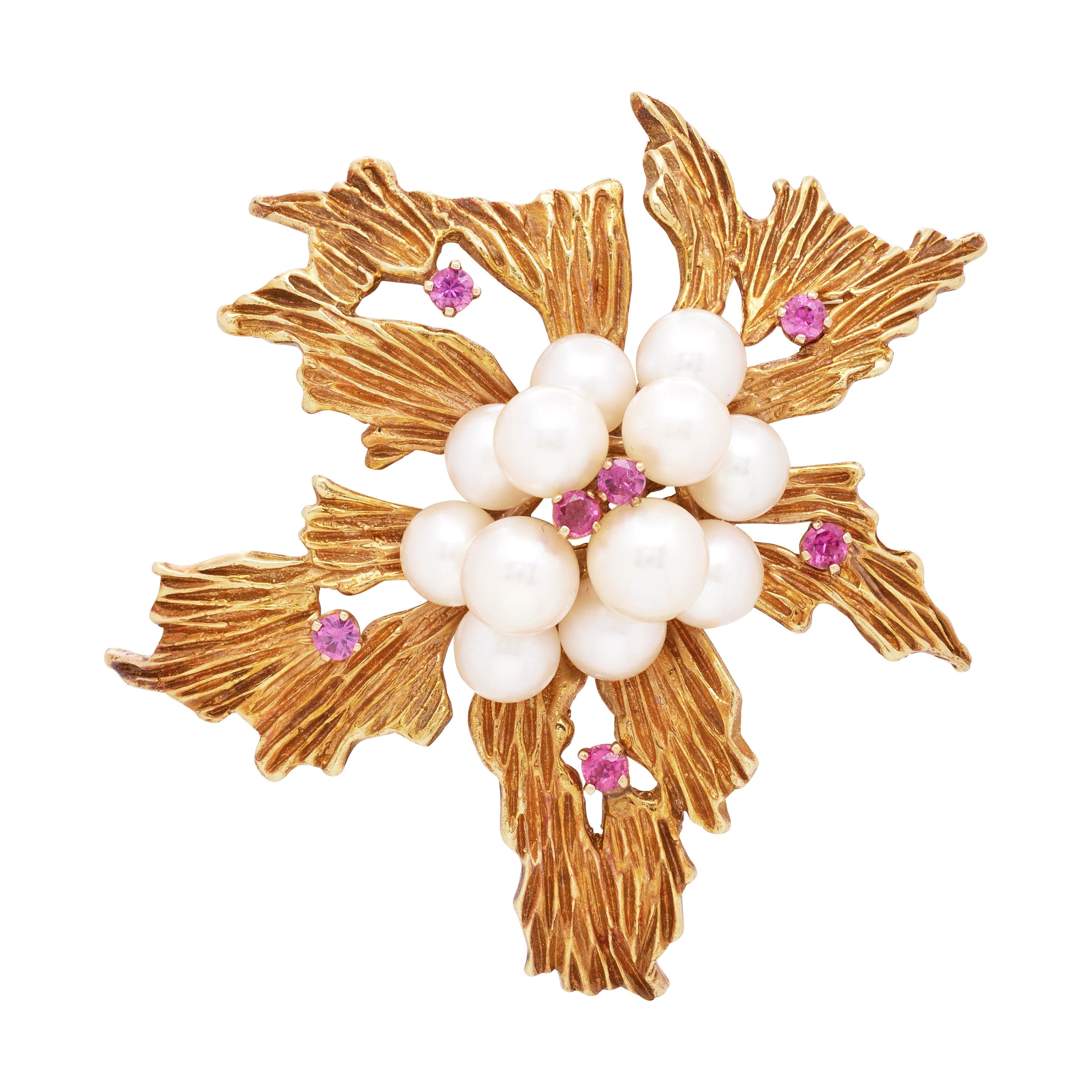 Vintage Gold, Cultured Pearl and Ruby Leaf Brooch