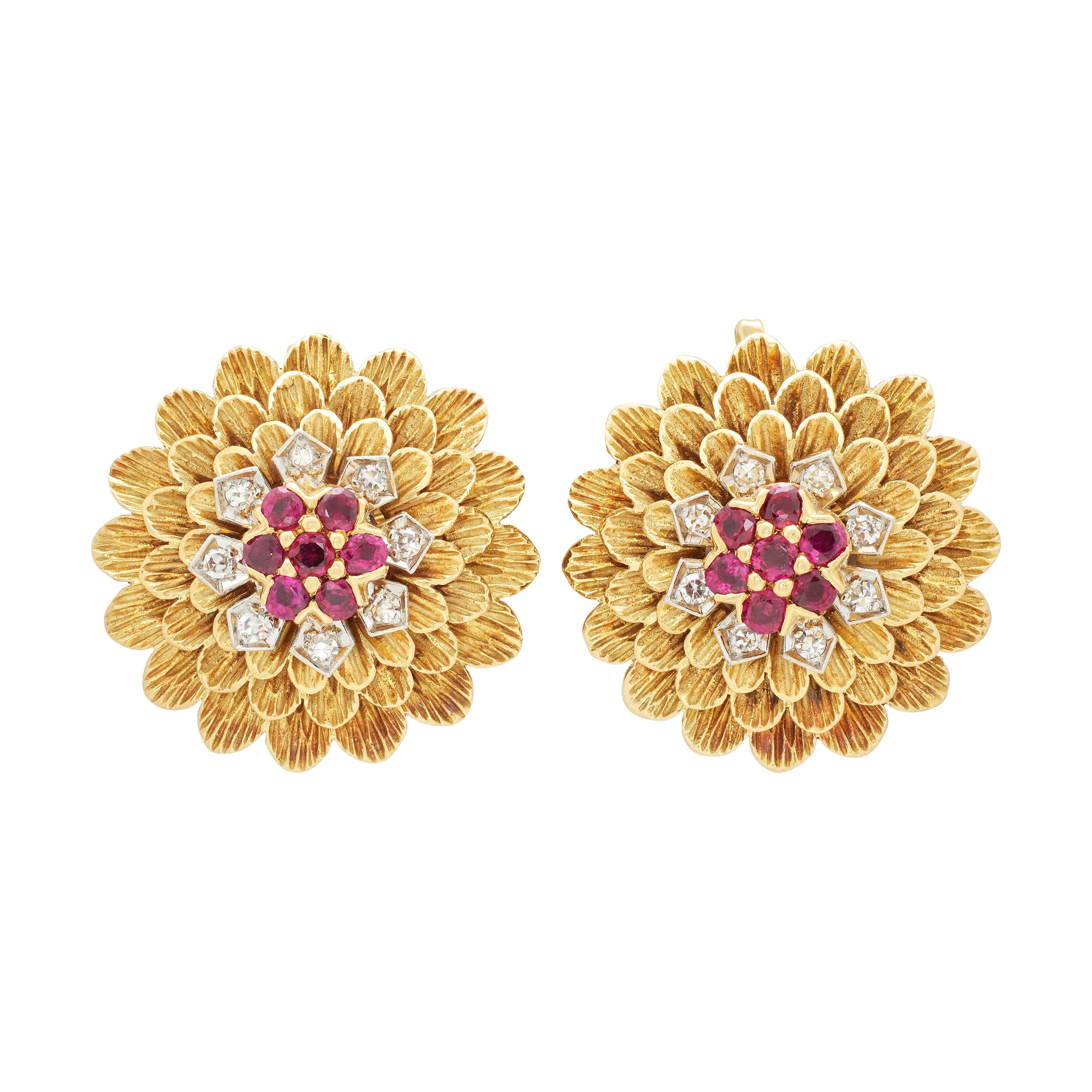 Vintage Gold, Platinum, Ruby and Diamond Floral Earclips