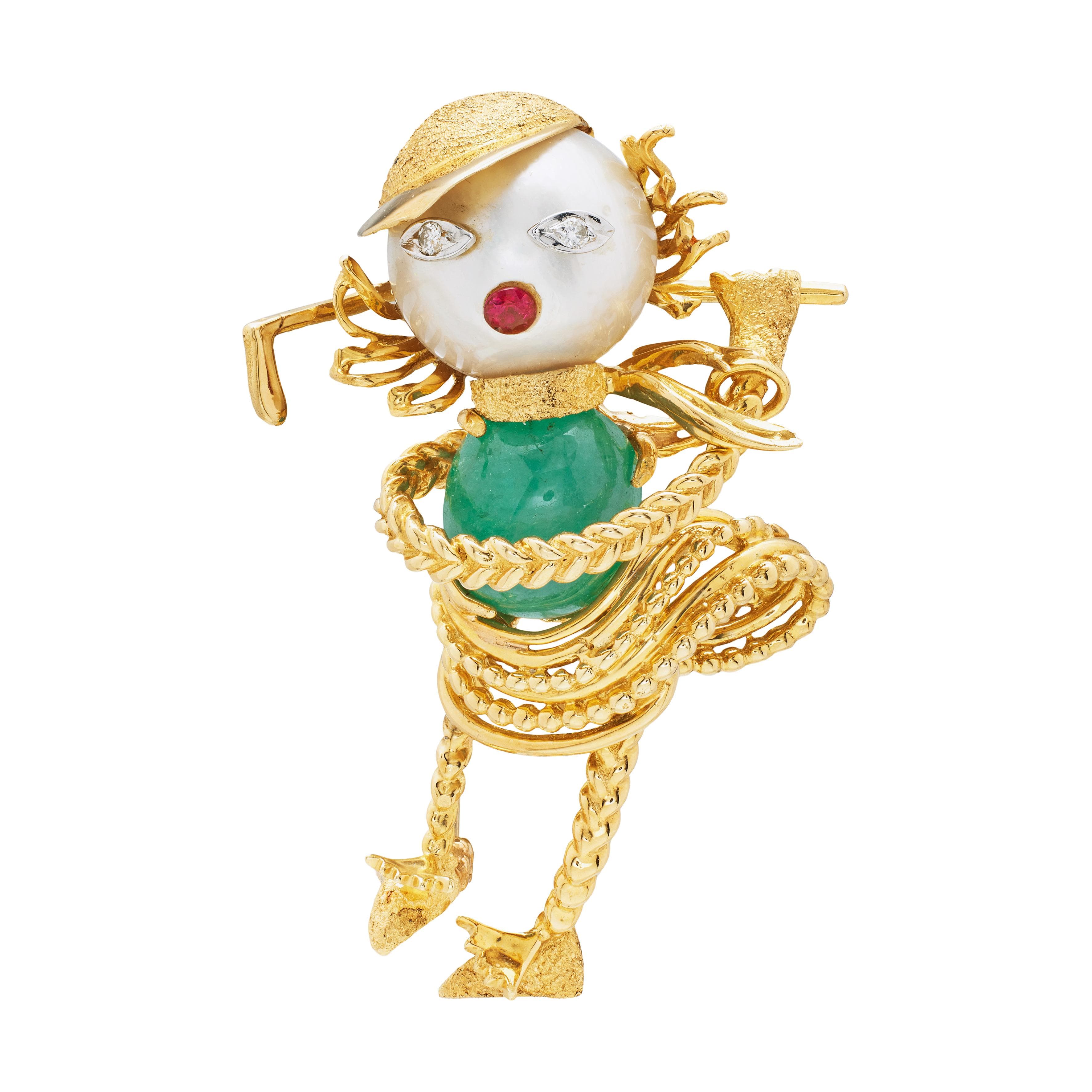 Vintage Gold, Emerald, MabΓ© Pearl, Ruby and Diamond Golfer Brooch