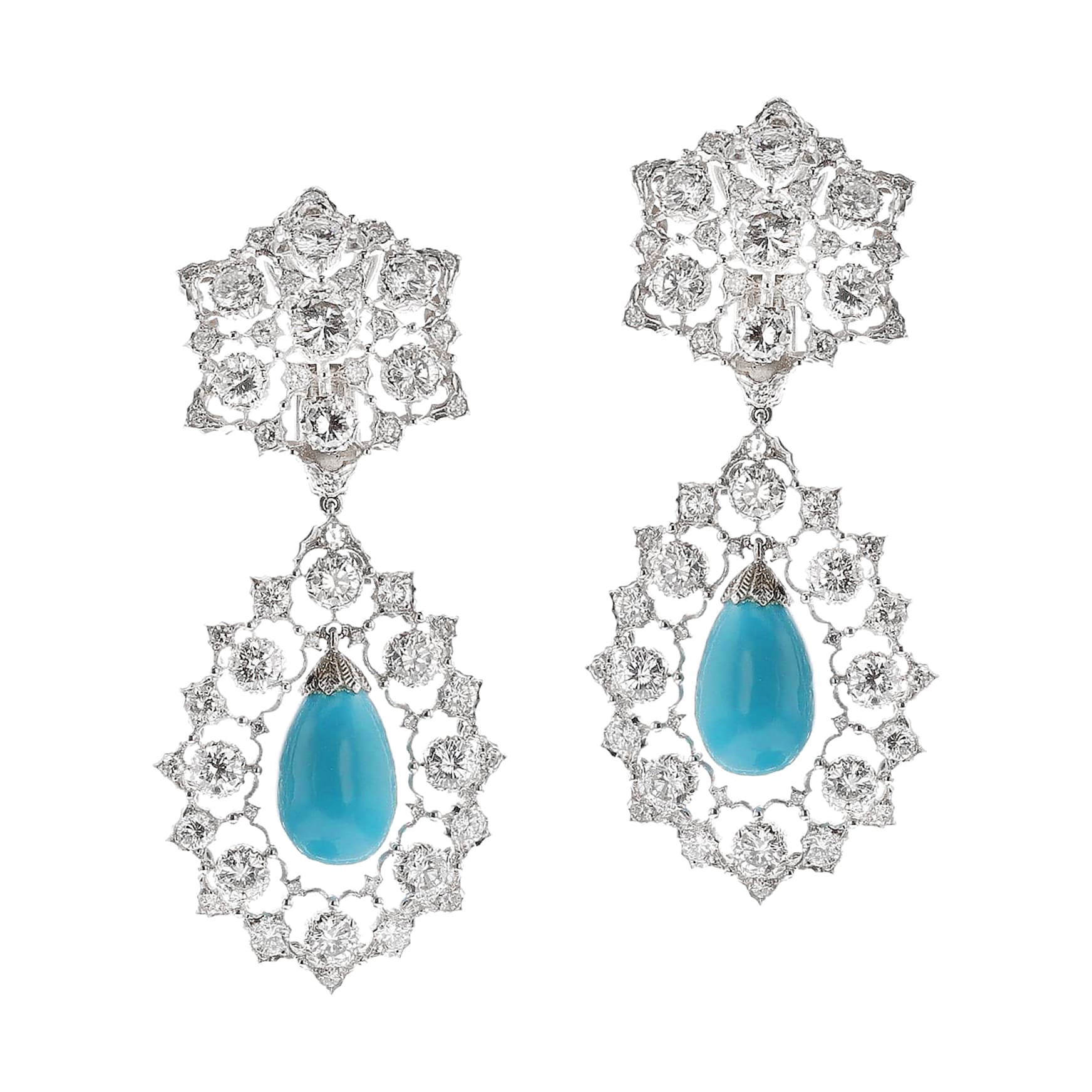 White Gold, Turquoise and Diamond Drop Earrings