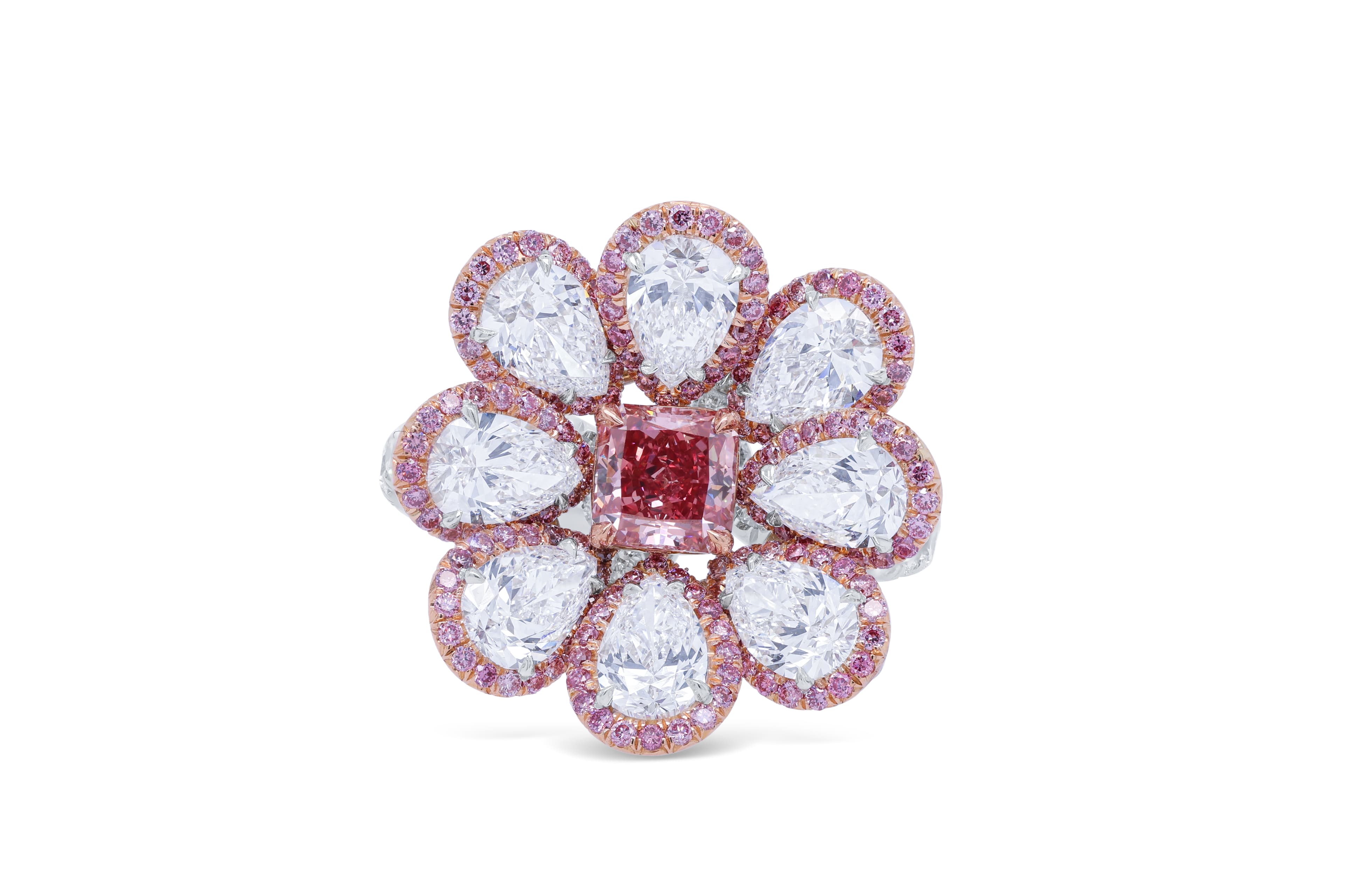 Platinum, Rose Gold, 0.80ct Radiant Cut Fancy Vivid Purplish Pink Diamond, Pink Diamond, and Diamond Flower Ring