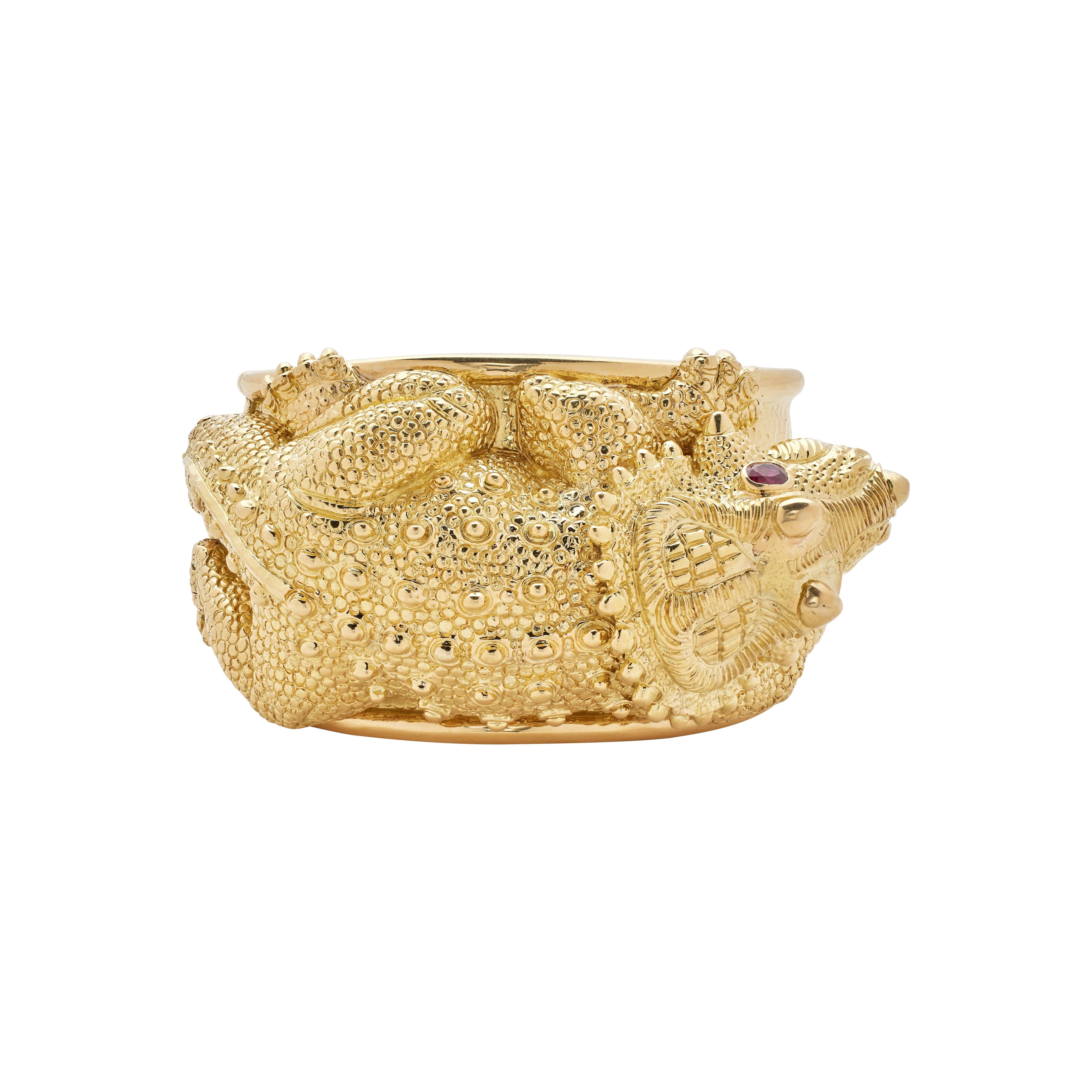 Gold and Ruby Triceratops Cuff Bracelet