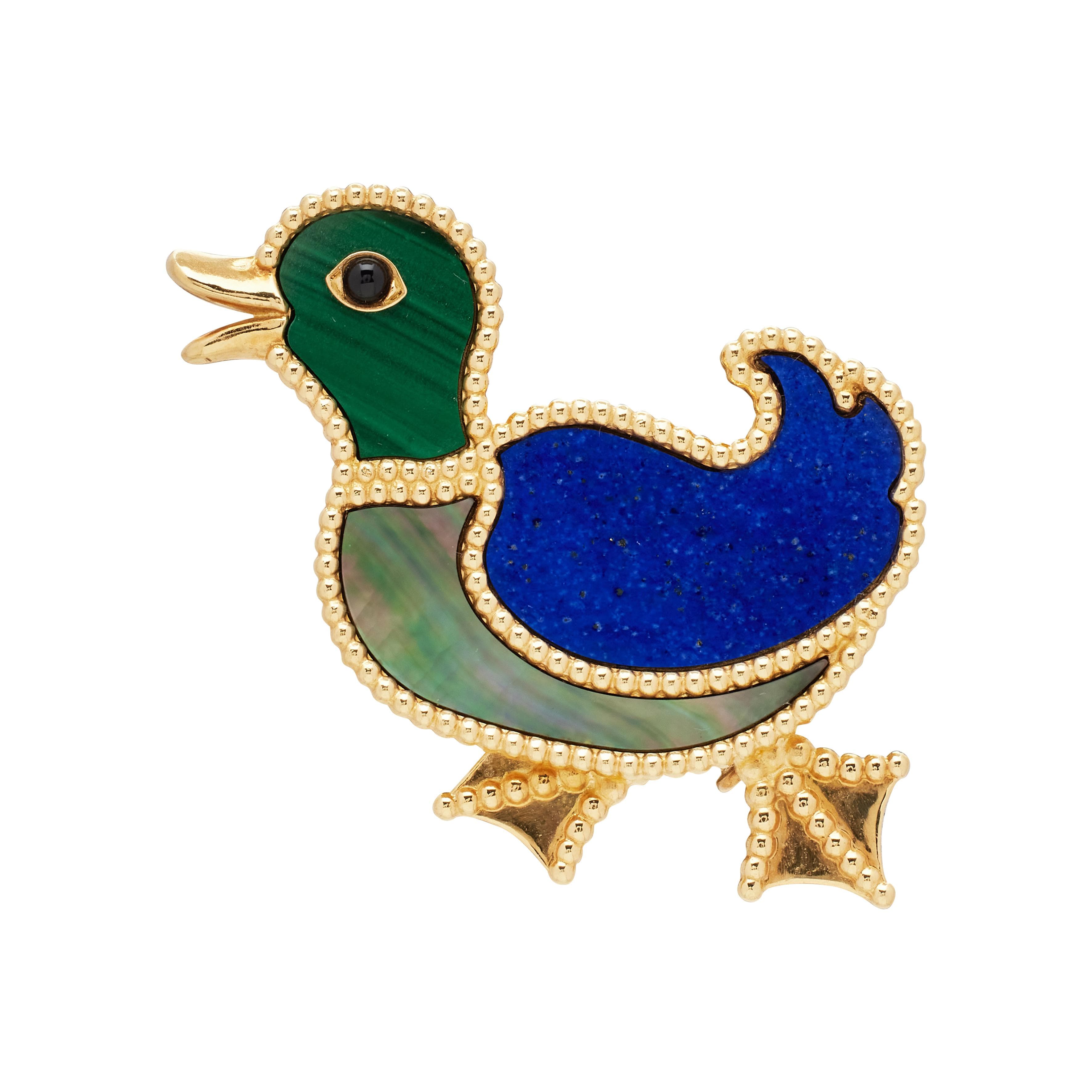 Gold, Malachite, Mother of Pearl, Lapis Lazuli and Onyx Duck Brooch