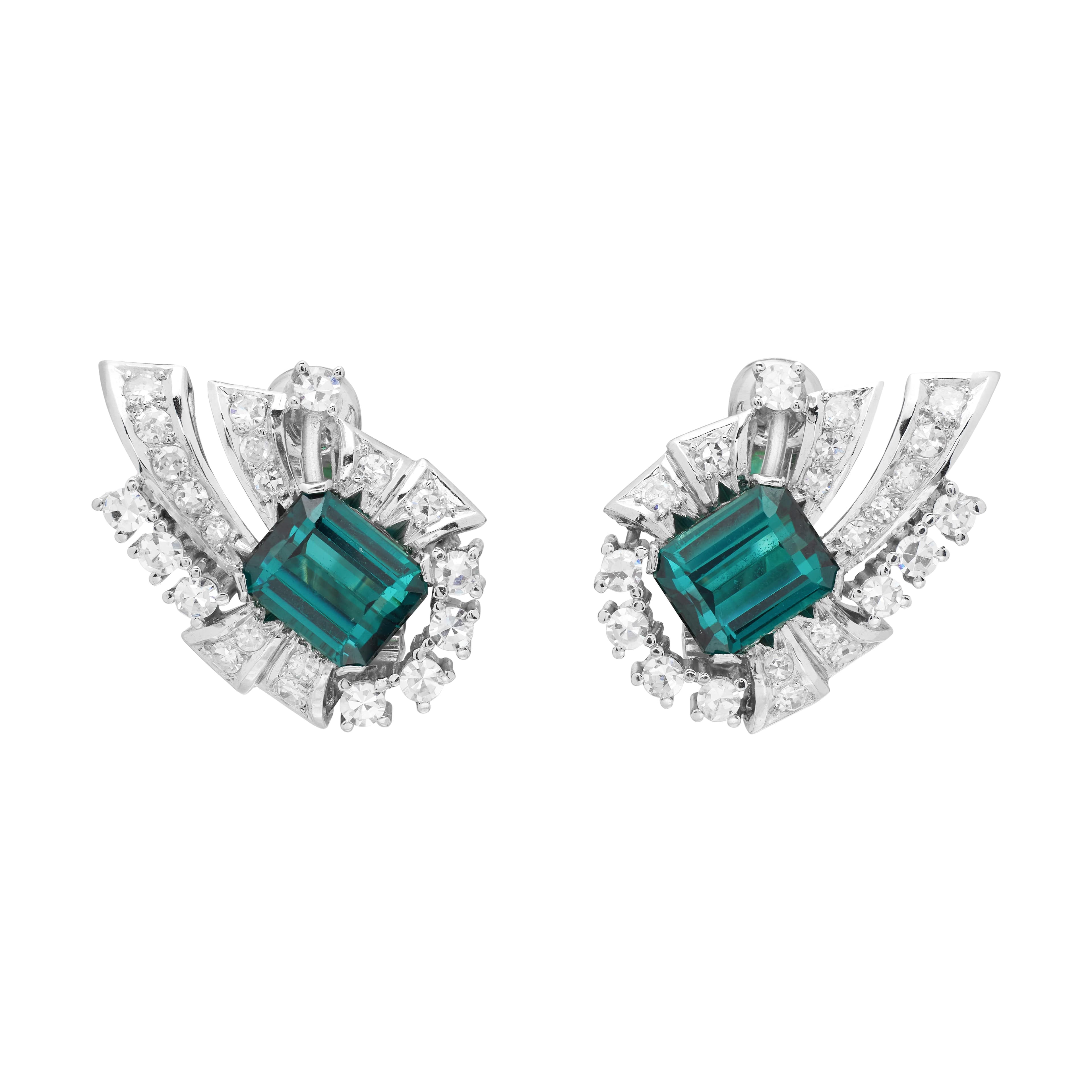 Vintage Platinum, Tourmaline and Diamond Earclips