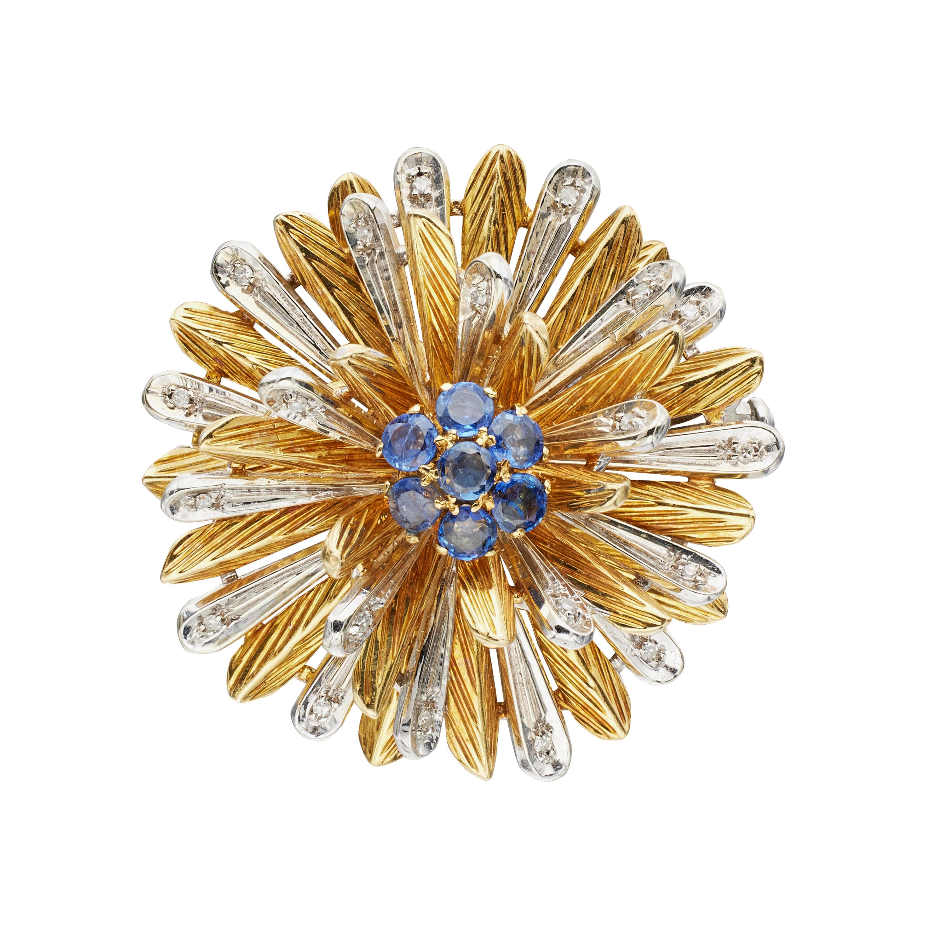 Gold, White Gold, Diamond and Sapphire Floral Brooch