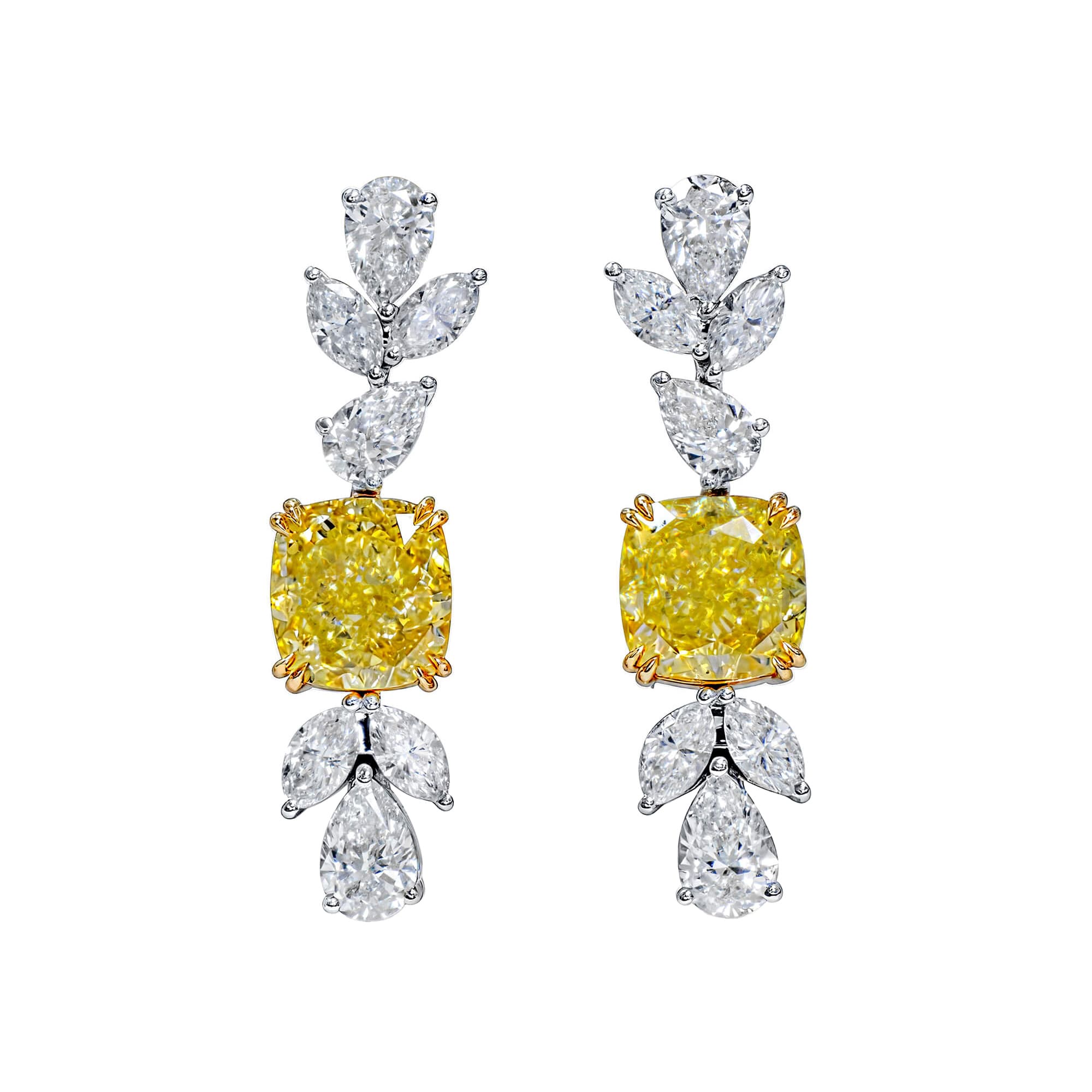 White Gold, 6.08ctw Cushion Cut Fancy Intense Yellow and Diamond Drop Earrings