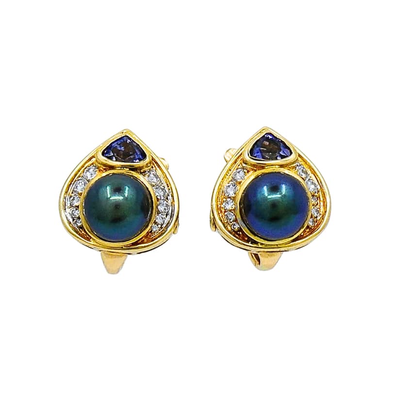 Gold, Black Cultured Pearl, Iolite and Diamond Earclips