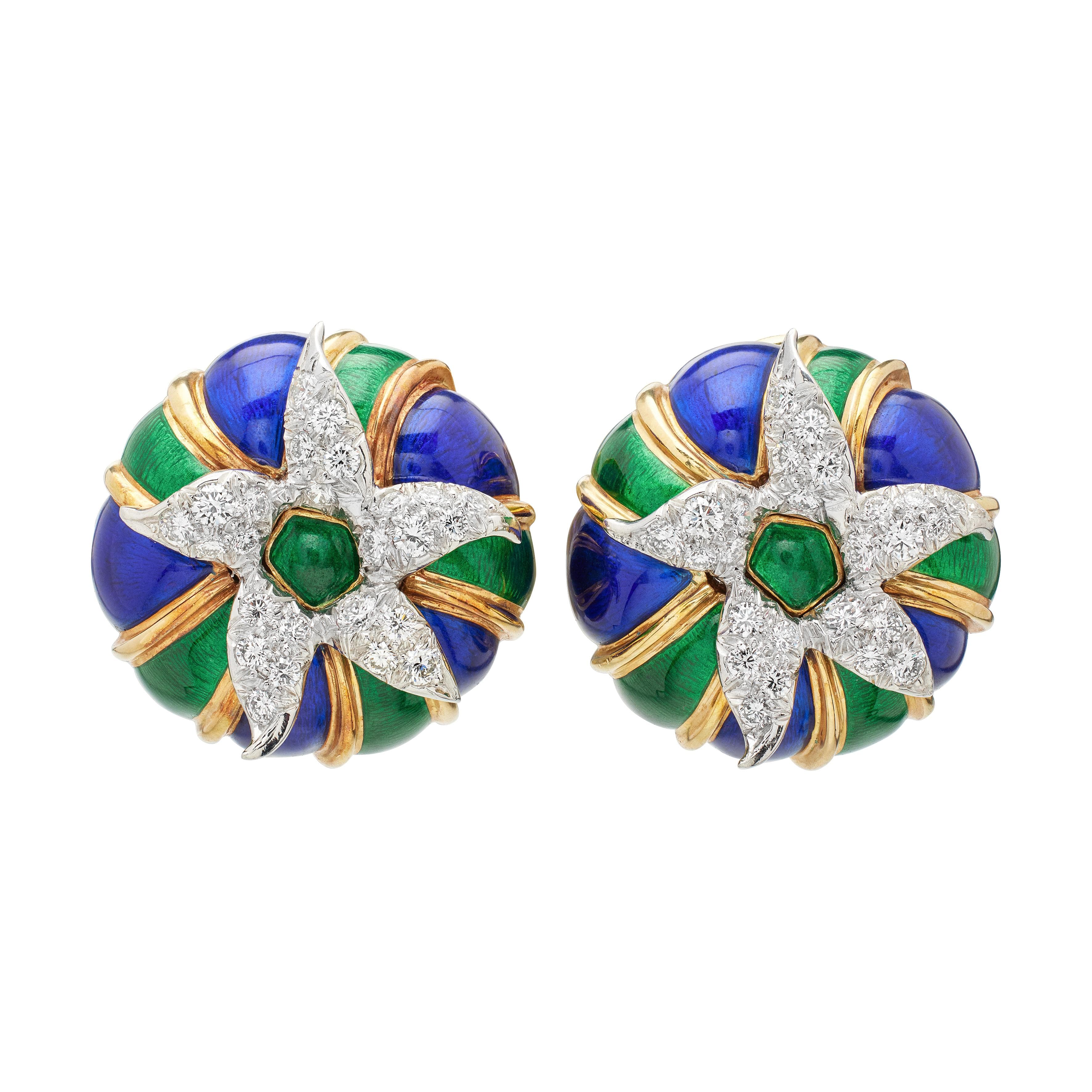 Gold, Platinum, Enamel, and Diamond Earclips