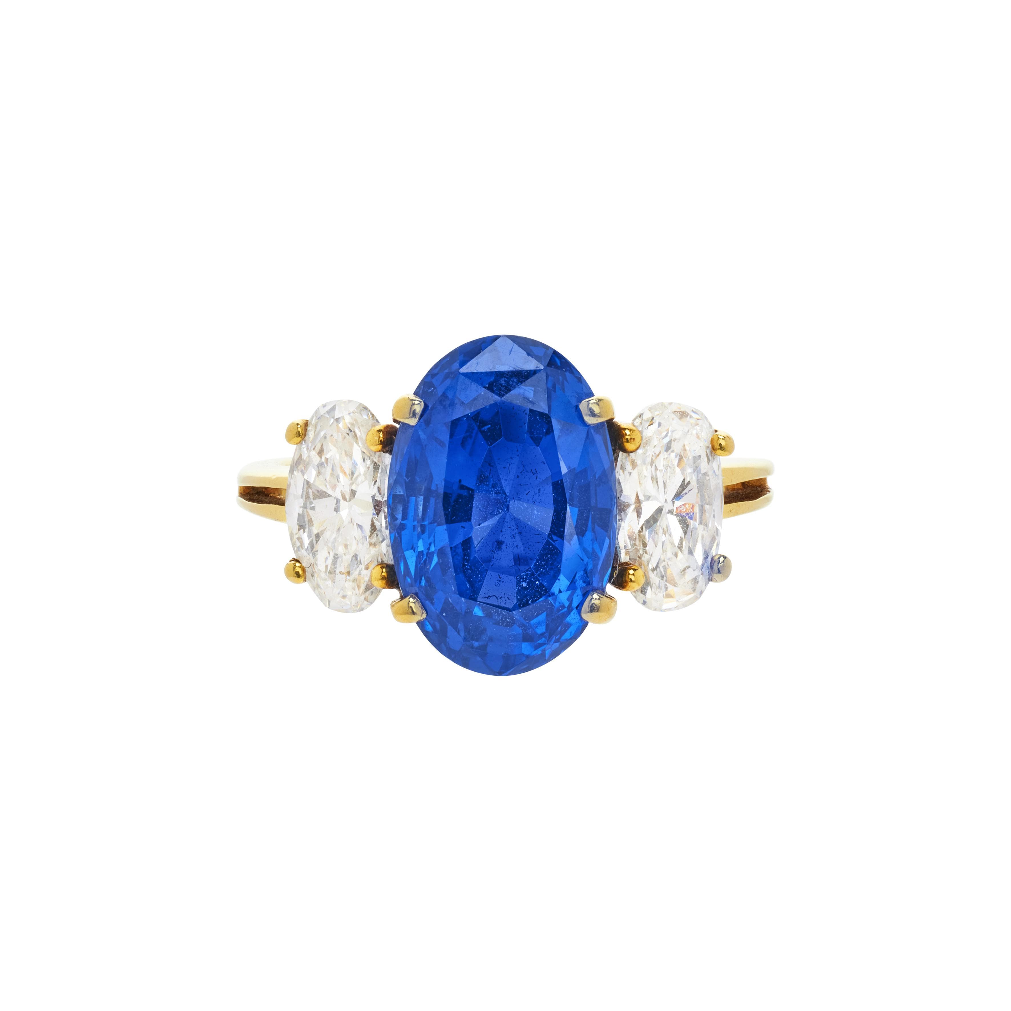 Gold, 5.09ct Ceylon Sapphire and Diamond Three Stone Ring