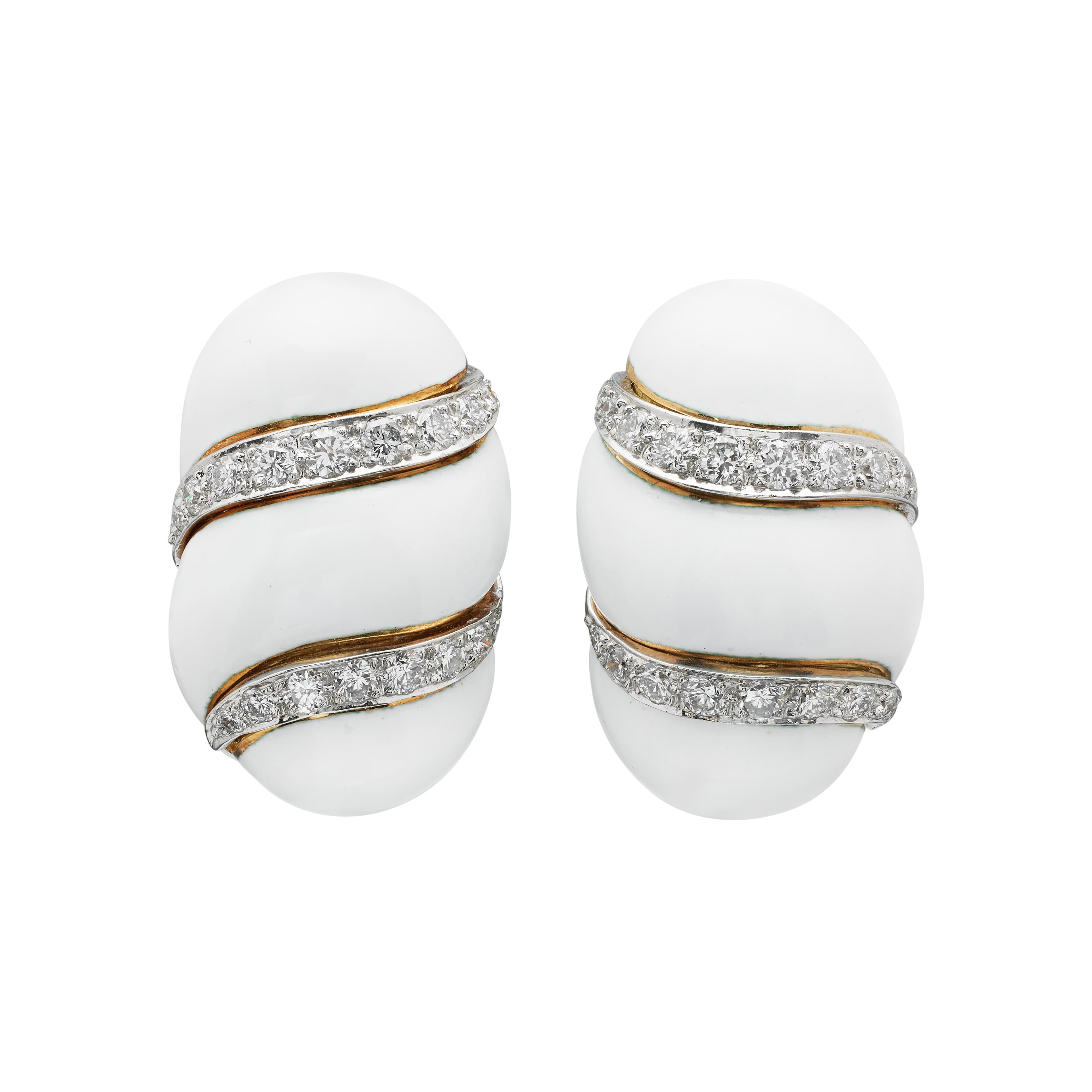 Platinum, Gold, Enamel and Diamond Earclips