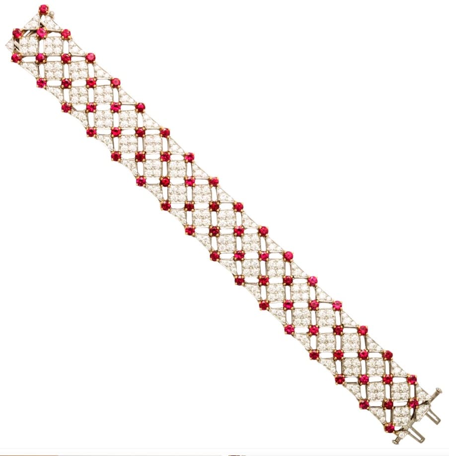 Vintage Platinum, Gold, Ruby and Diamond Trellis Bracelet