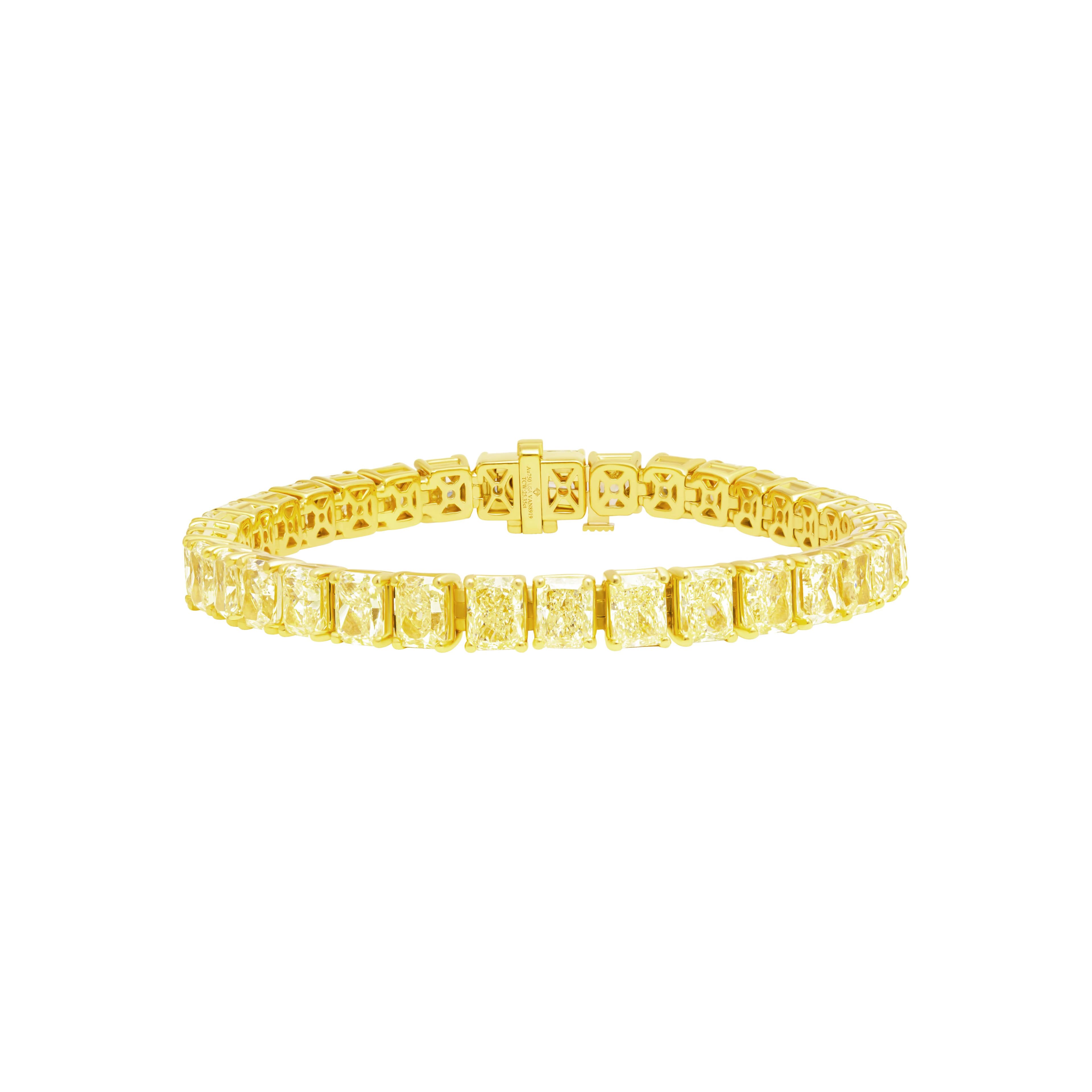 Gold and 25.35ctw Radiant Cut Yellow Diamond Tennis Bracelet