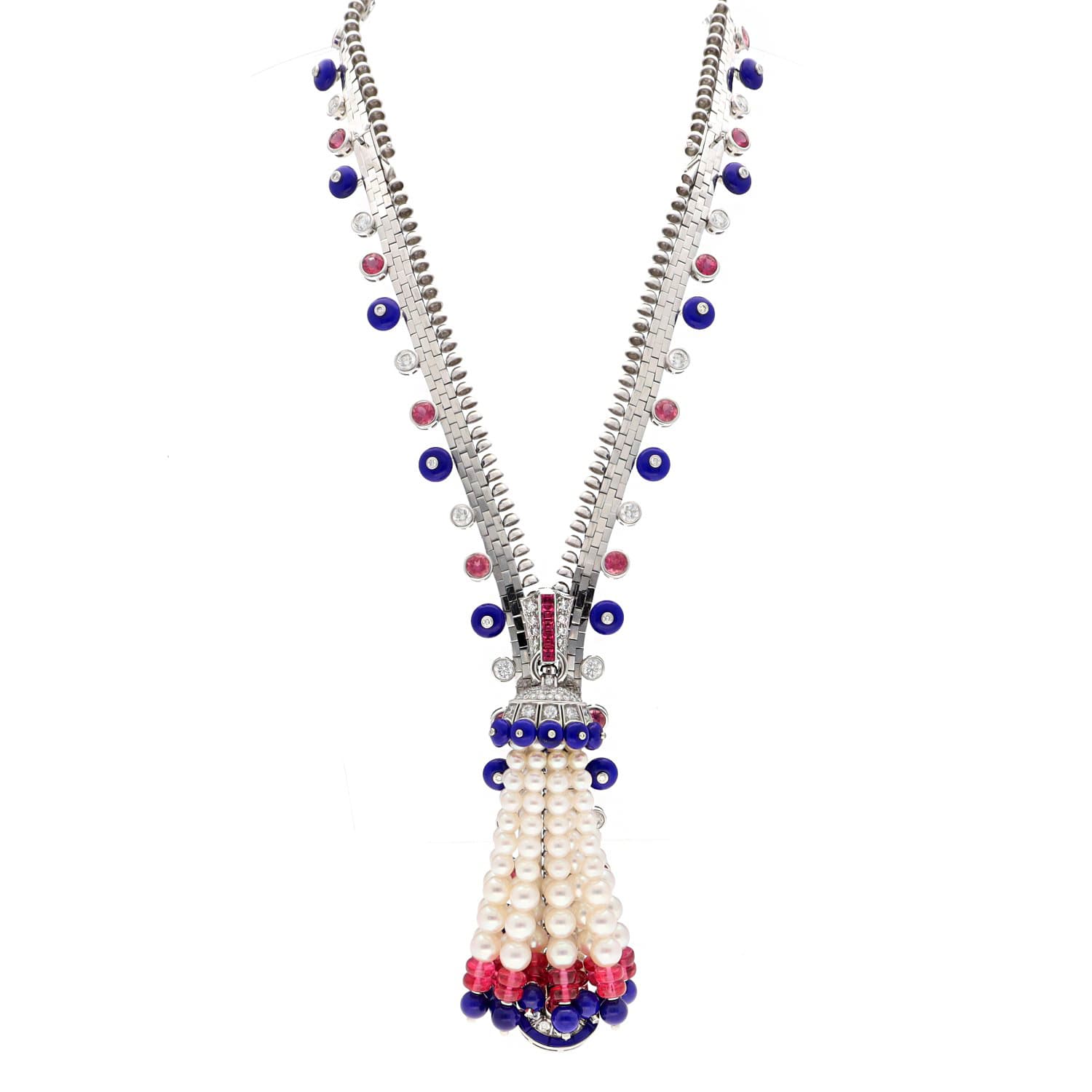White Gold, Tourmaline, Lapis Lazuli, Cultured Pearls and Diamond Zip Couture Necklace