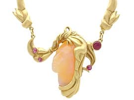 Carved Opal, 4.80ct Ruby and Diamond, 18ct Yellow Gold Necklace